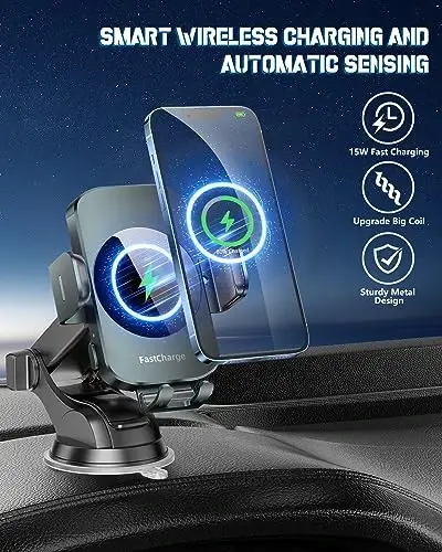 3-in-1 Wireless Car Charger Mount, 15W Fast Charging Auto-Clamping Phone Holder for iPhone 17 16 15 14, Samsung Galaxy S24 S23, Dashboard, Vent & Windshield Car Mount(Forest Green) - 2