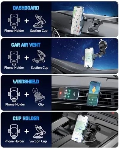 3-in-1 Wireless Car Charger Mount, 15W Fast Charging Auto-Clamping Phone Holder for iPhone 17 16 15 14, Samsung Galaxy S24 S23, Dashboard, Vent & Windshield Car Mount(Forest Green) - 3