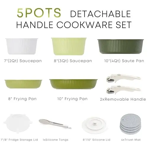 Caannasweis Detachable Nonstick Cookware Set - Stackable Induction Pots and Pans With Removable Handles, Dishwasher Safe - For RV Camping, Oven and Stovetop Use, 5 Pieces (Nature) - CAANNASWEIS (1)