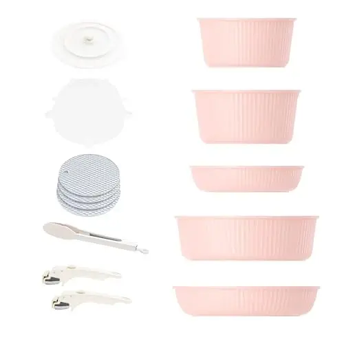 Caannasweis Detachable Nonstick Cookware Set - Stackable Induction Pots and Pans With Removable Handles, Dishwasher Safe - For RV Camping, Oven and Stovetop Use, 5 Pieces (Petal) 