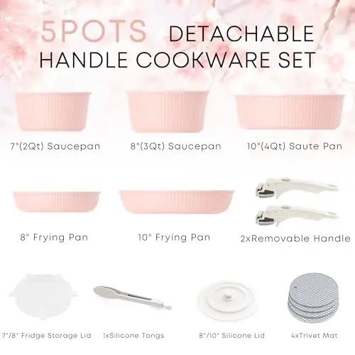 Caannasweis Detachable Nonstick Cookware Set - Stackable Induction Pots and Pans With Removable Handles, Dishwasher Safe - For RV Camping, Oven and Stovetop Use, 5 Pieces (Petal) - 2