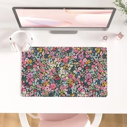 Colorful Star Large Mouse Pad, Floral Desk Mat Office Supplies, Waterproof Faux Leather Big Gaming Mousepad for Women Girls, Blooming Flowers Desk Pad Home Office Décor Accessories 23.6