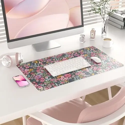 Colorful Star Large Mouse Pad, Floral Desk Mat Office Supplies, Waterproof Faux Leather Big Gaming Mousepad for Women Girls, Blooming Flowers Desk Pad Home Office Décor Accessories 23.6