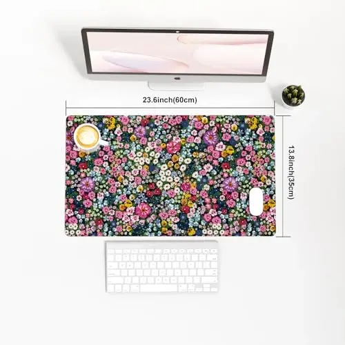 Colorful Star Large Mouse Pad, Floral Desk Mat Office Supplies, Waterproof Faux Leather Big Gaming Mousepad for Women Girls, Blooming Flowers Desk Pad Home Office Décor Accessories 23.6