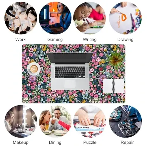 Colorful Star Large Mouse Pad, Floral Desk Mat Office Supplies, Waterproof Faux Leather Big Gaming Mousepad for Women Girls, Blooming Flowers Desk Pad Home Office Décor Accessories 23.6
