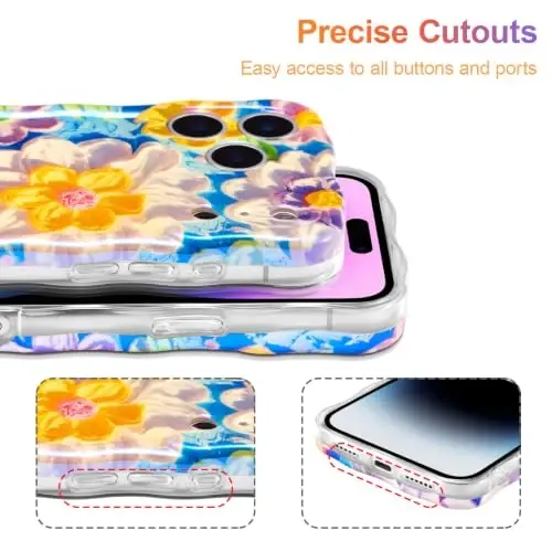 EYZUTAK Case for iPhone 17 Pro, Colorful Retro Oil Painting Flower, White | Laser Glossy Floral Pattern, Cute Curly Wave Edge, Exquisite Phone Cover, Stylish Durable TPU Protective Case for Girl Women - 5
