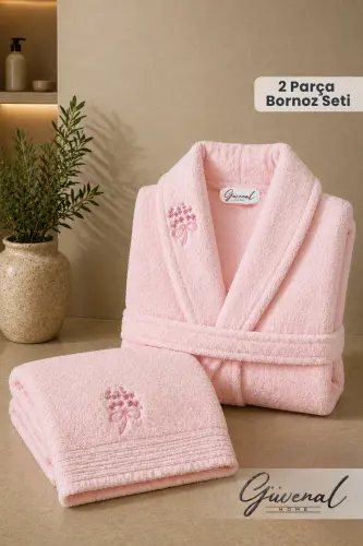 Rüya 2 Parça Pamuk Nakışlı Bornoz Seti | Bornoz | Havlu | Çeyiz Seti - Pembe - Pembee 
