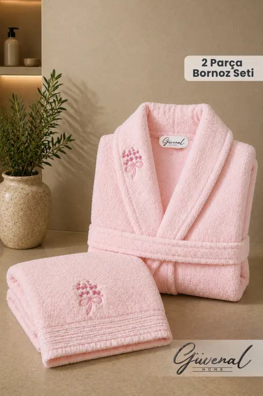 Rüya 2 Parça Pamuk Nakışlı Bornoz Seti | Bornoz | Havlu | Çeyiz Seti - Pembe - Pembee - 1