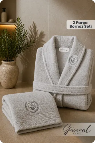 Rüya 2 Parça Pamuk Nakışlı Bornoz Seti | Bornoz | Havlu | Çeyiz Seti - Gri - Gri 