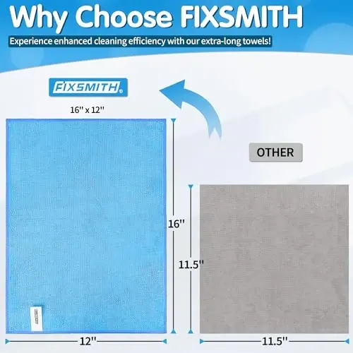 FIXSMITH Blue Microfiber Cleaning Cloth -Pack of 12, Highly Absorbent Cleaning Rags, 16