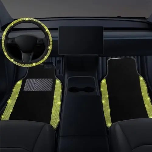 NBTEPEM Bling Car Floor Mats Full Set and Steering Wheel Cover, Universal Fit Most Cars, 4 pcs Sparkle Glitter Diamond Carpet, 5 pcs Bling Car Accessories Set for Women (Yellow Diamond) - NBTEPEM (1)