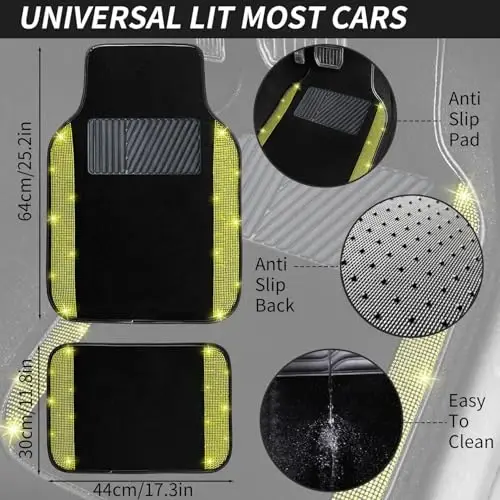 NBTEPEM Bling Car Floor Mats Full Set and Steering Wheel Cover, Universal Fit Most Cars, 4 pcs Sparkle Glitter Diamond Carpet, 5 pcs Bling Car Accessories Set for Women (Yellow Diamond) - 4