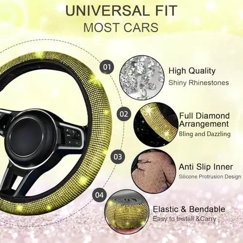 NBTEPEM Bling Car Floor Mats Full Set and Steering Wheel Cover, Universal Fit Most Cars, 4 pcs Sparkle Glitter Diamond Carpet, 5 pcs Bling Car Accessories Set for Women (Yellow Diamond) - 5