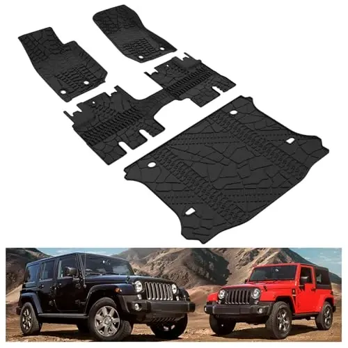Kiwi Master Floor Mats & Cargo Mat for 2014-2018 Jeep Wrangler JK 4-Door | OEM Replacement 82213860 82213184, All Weather Car Mats, Heavy Duty TPE Floor Liners, Front & Rear & Trunk Mat Set, Black 
