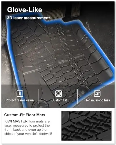 Kiwi Master Floor Mats & Cargo Mat for 2014-2018 Jeep Wrangler JK 4-Door | OEM Replacement 82213860 82213184, All Weather Car Mats, Heavy Duty TPE Floor Liners, Front & Rear & Trunk Mat Set, Black - 2