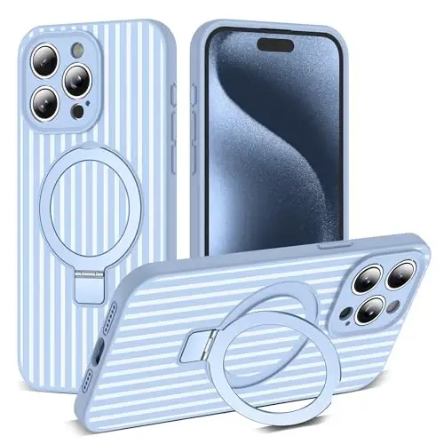 SKYLMW Compatible with iPhone 15 Pro Max Case with Magnetic Invisible Stand [Compatible with Mag-Safe][Cute Aesthetic Striped Pattern] Silicone 15 Pro Max Phone Case for Women Men 6.7