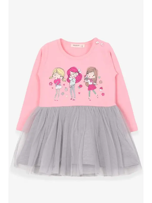 Pembe Kız Bebek Uzun Kollu Elbise Baskılı Pudra (1.5-2 Yaş)-Pembe - 1