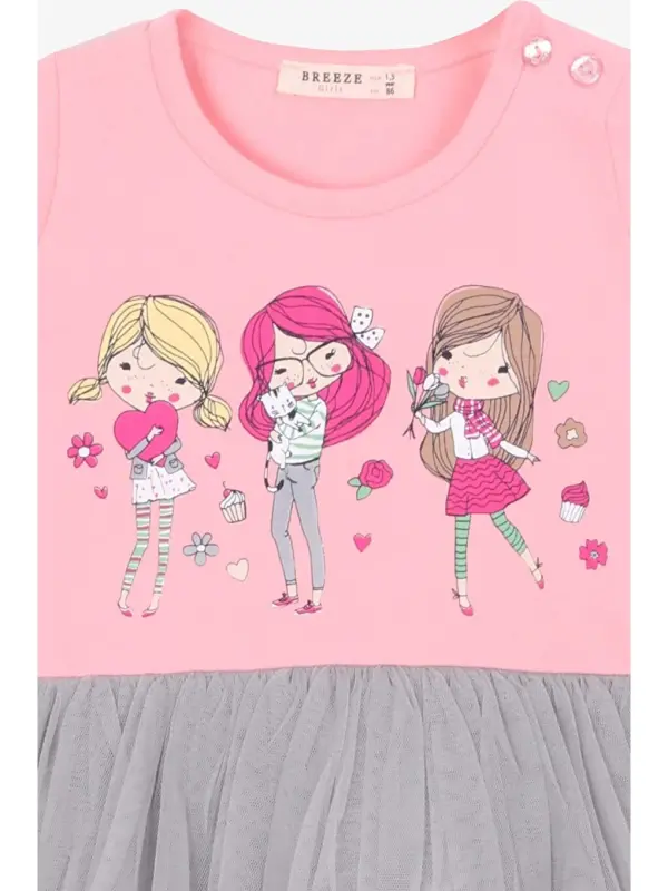 Pembe Kız Bebek Uzun Kollu Elbise Baskılı Pudra (1.5-2 Yaş)-Pembe - 3