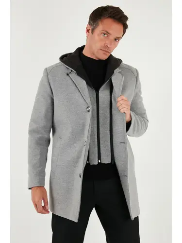 Gri Çıkarılabilir Kapüşonlu Kırçıllı Slim Fit Kaşe Erkek Kaban 5841013-Gri - 1