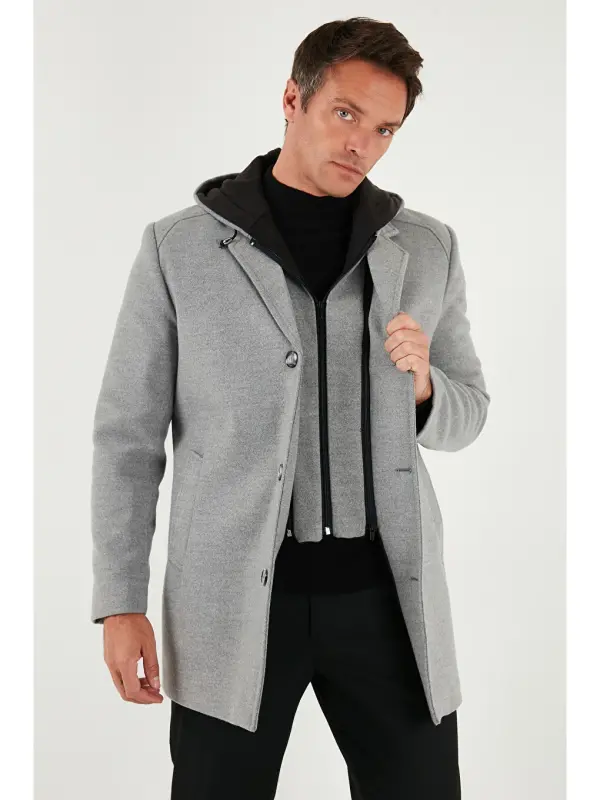 Gri Çıkarılabilir Kapüşonlu Kırçıllı Slim Fit Kaşe Erkek Kaban 5841013-Gri - LC WAIKIKI