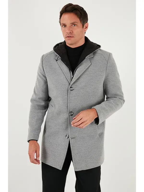 Gri Çıkarılabilir Kapüşonlu Kırçıllı Slim Fit Kaşe Erkek Kaban 5841013-Gri - 2