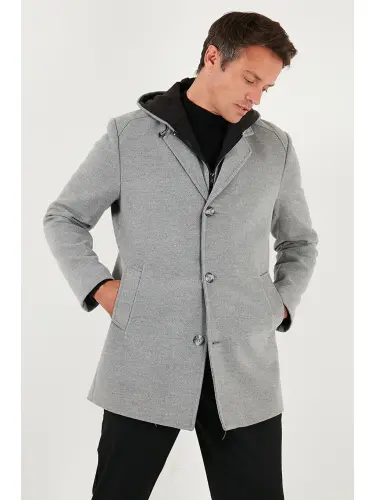 Gri Çıkarılabilir Kapüşonlu Kırçıllı Slim Fit Kaşe Erkek Kaban 5841013-Gri - 3
