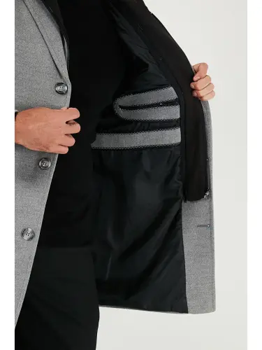 Gri Çıkarılabilir Kapüşonlu Kırçıllı Slim Fit Kaşe Erkek Kaban 5841013-Gri - 4