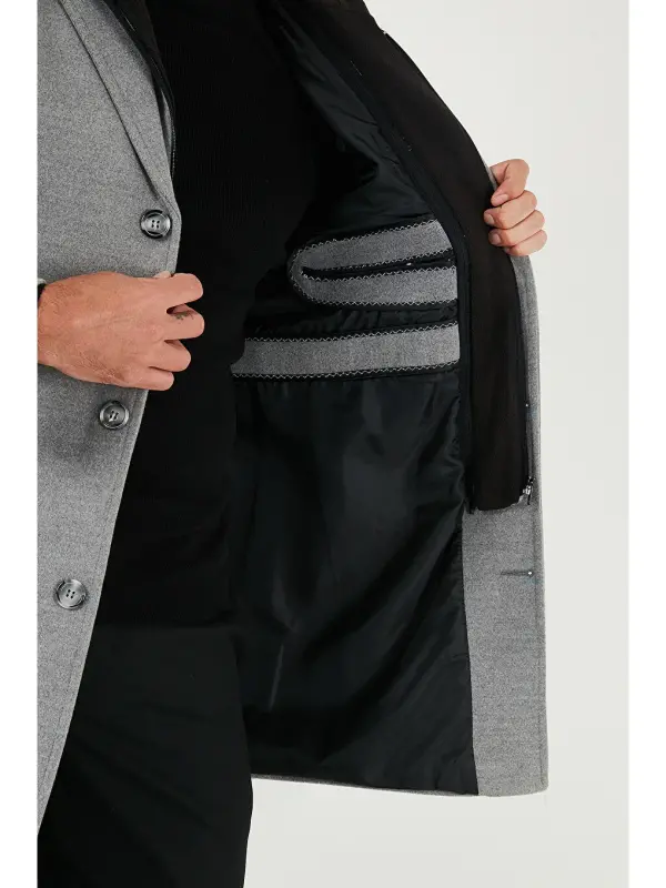Gri Çıkarılabilir Kapüşonlu Kırçıllı Slim Fit Kaşe Erkek Kaban 5841013-Gri - 4
