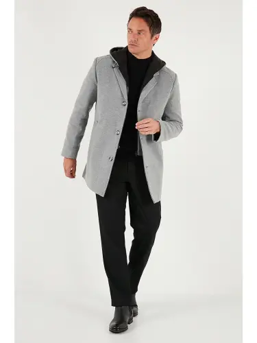 Gri Çıkarılabilir Kapüşonlu Kırçıllı Slim Fit Kaşe Erkek Kaban 5841013-Gri - 6