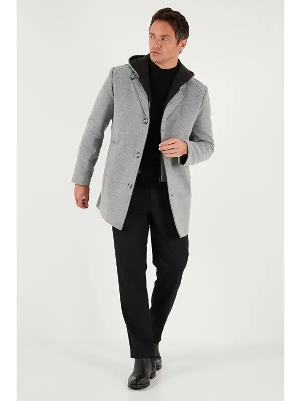 Gri Çıkarılabilir Kapüşonlu Kırçıllı Slim Fit Kaşe Erkek Kaban 5841013-Gri - 6