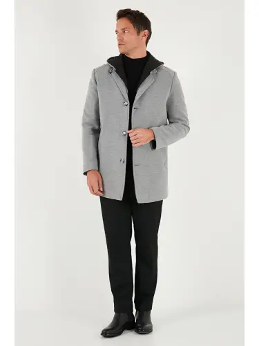 Gri Çıkarılabilir Kapüşonlu Kırçıllı Slim Fit Kaşe Erkek Kaban 5841013-Gri - 7