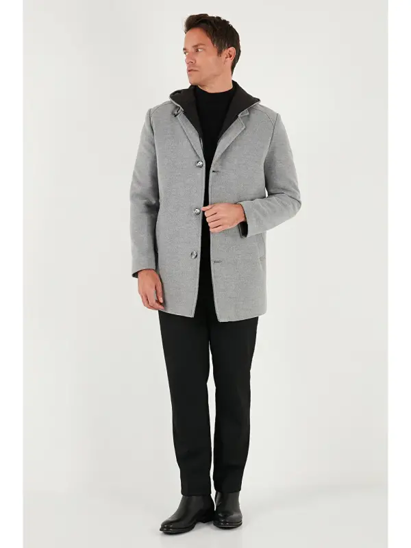 Gri Çıkarılabilir Kapüşonlu Kırçıllı Slim Fit Kaşe Erkek Kaban 5841013-Gri - 7