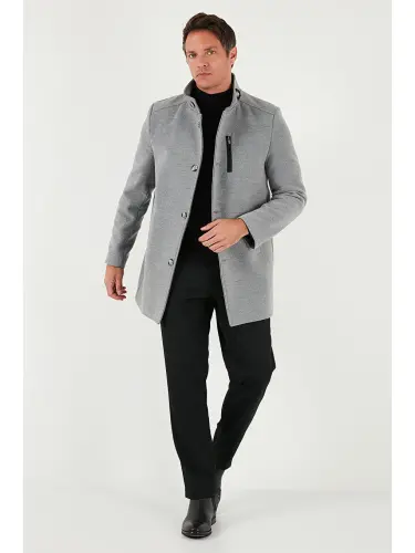 Gri Slim Fit Düğmeli Dik Yaka Kaşe Erkek Kaban 5840099-Gri 