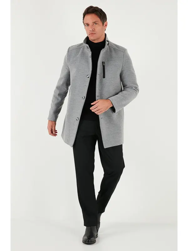 Gri Slim Fit Düğmeli Dik Yaka Kaşe Erkek Kaban 5840099-Gri - LC WAIKIKI