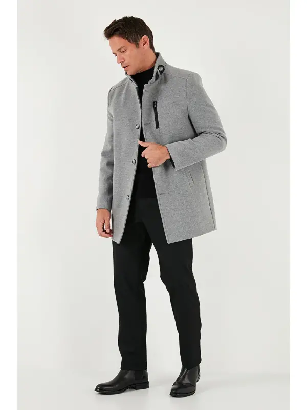 Gri Slim Fit Düğmeli Dik Yaka Kaşe Erkek Kaban 5840099-Gri - 2