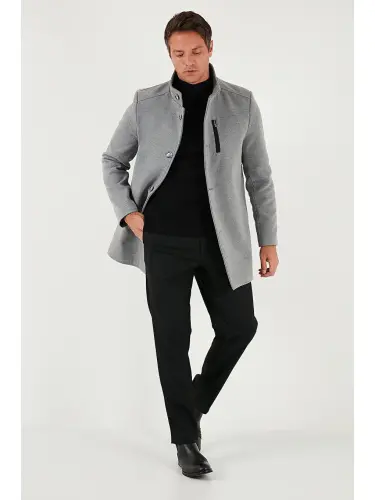 Gri Slim Fit Düğmeli Dik Yaka Kaşe Erkek Kaban 5840099-Gri - 3