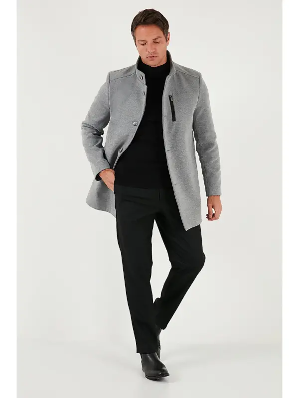 Gri Slim Fit Düğmeli Dik Yaka Kaşe Erkek Kaban 5840099-Gri - 3