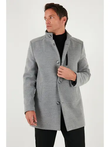 Gri Slim Fit Düğmeli Dik Yaka Kaşe Erkek Kaban 5840099-Gri - 4