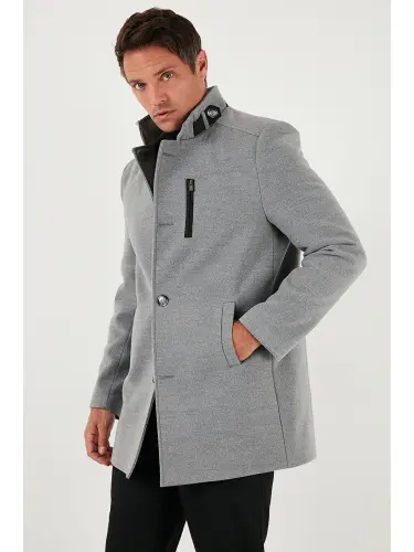 Gri Slim Fit Düğmeli Dik Yaka Kaşe Erkek Kaban 5840099-Gri - 5
