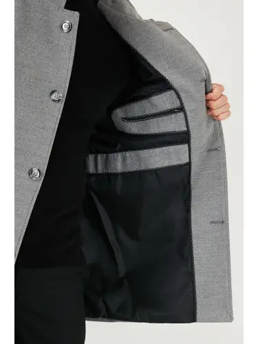 Gri Slim Fit Düğmeli Dik Yaka Kaşe Erkek Kaban 5840099-Gri - 6