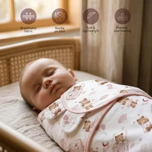 GLLQUEN BABY Swaddles for Newborns Organic Cotton, Soft Baby Girl Swaddles 0-3 Months, Womb-Like Sleep Sack Wrap Nursery Swaddling Blankets Pink Bear - 3
