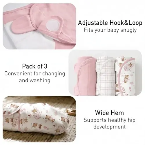 GLLQUEN BABY Swaddles for Newborns Organic Cotton, Soft Baby Girl Swaddles 0-3 Months, Womb-Like Sleep Sack Wrap Nursery Swaddling Blankets Pink Bear - 4
