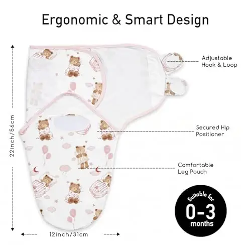 GLLQUEN BABY Swaddles for Newborns Organic Cotton, Soft Baby Girl Swaddles 0-3 Months, Womb-Like Sleep Sack Wrap Nursery Swaddling Blankets Pink Bear - 5