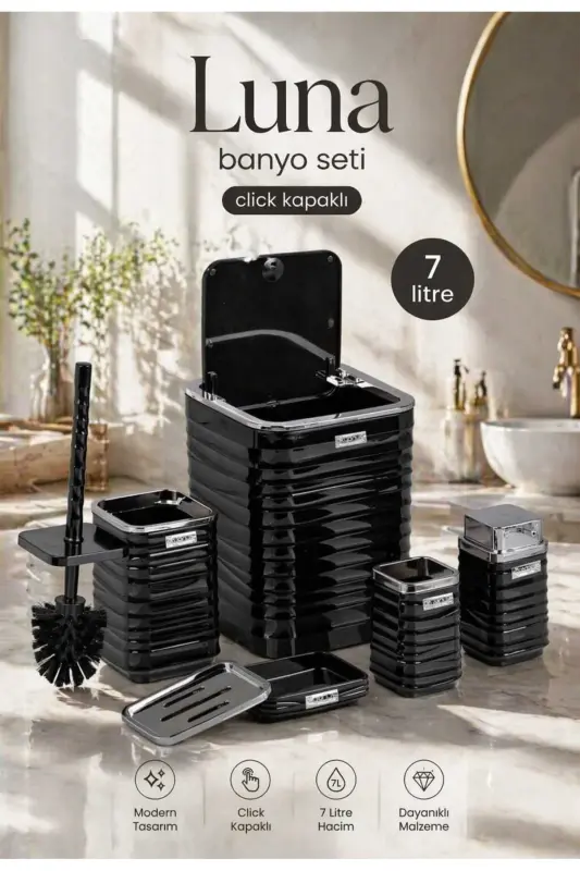 Luna Siyah Kromlu Kare 5'li Banyo Seti - 7 Litre - Siyah - Krom - 2