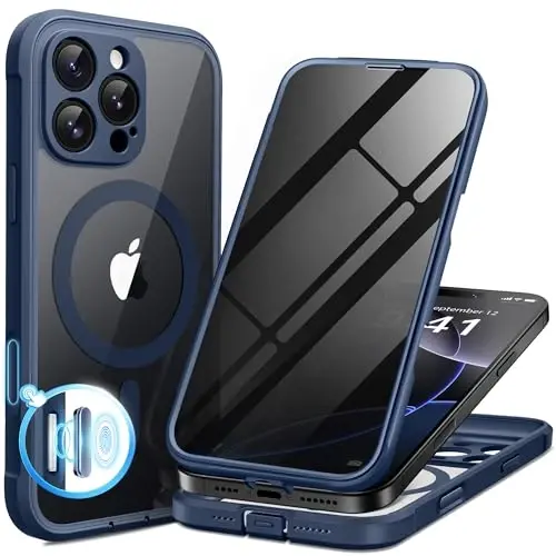 BERFY for iPhone 16 Pro Max Case, Compatible with Magsafe, Deep Blue | Built-in Privacy Screen Protector, Full Camera Protection, Shockproof Full Body Magnetic Clear Phone Case 6.9