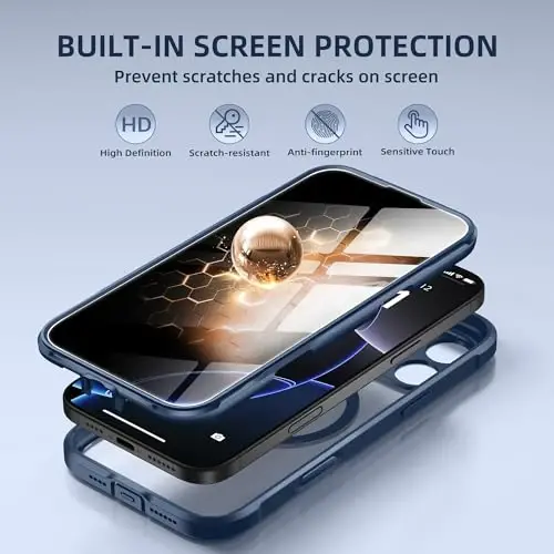 BERFY for iPhone 16 Pro Max Case, Compatible with Magsafe, Deep Blue | Built-in Privacy Screen Protector, Full Camera Protection, Shockproof Full Body Magnetic Clear Phone Case 6.9