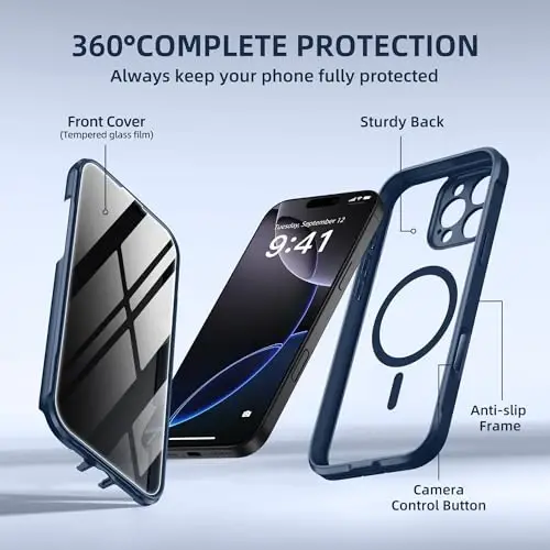 BERFY for iPhone 16 Pro Max Case, Compatible with Magsafe, Deep Blue | Built-in Privacy Screen Protector, Full Camera Protection, Shockproof Full Body Magnetic Clear Phone Case 6.9