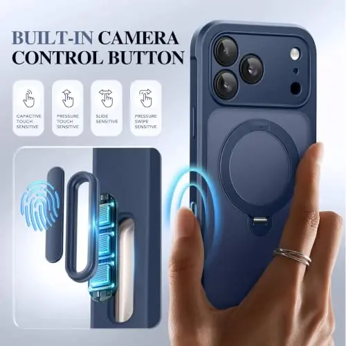 BERFY for iPhone 17 Pro Max Case, Compatible with Magsafe, Navy Blue | Built in Privacy Screen Protector,Full Camera Protection,Shockproof Full Body Translucent Phone Case with Magnetic Stand 6.9
