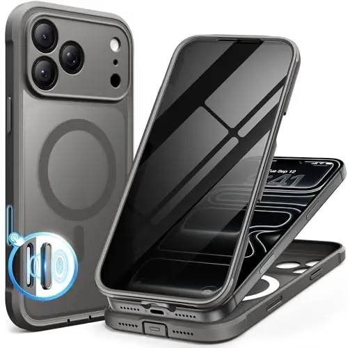 BERFY for iPhone 17 Pro Max Case, Compatible with Magsafe, Deep Grey | Built-in Privacy Screen Protector, Full Camera Protection, Shockproof Full Body Translucent Matte Magnetic Phone Case 6.9