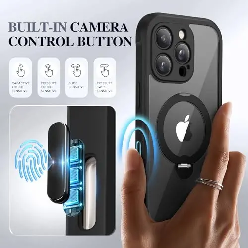 BERFY for iPhone 16 Pro Case, Compatible with Magsafe, Midnight Black | Built in Privacy Screen Protector,Full Camera Protection,Shockproof Full Body Translucent Phone Case with Magnetic Stand 6.3